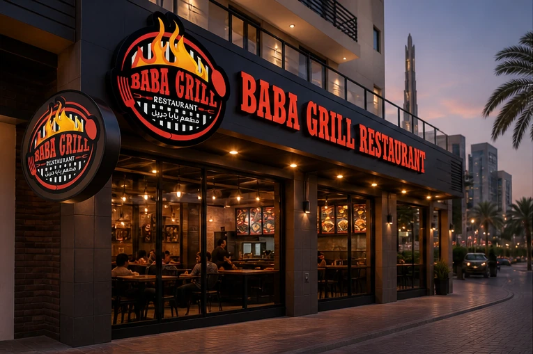 Baba Grill Restaurant illuminated storefront branding